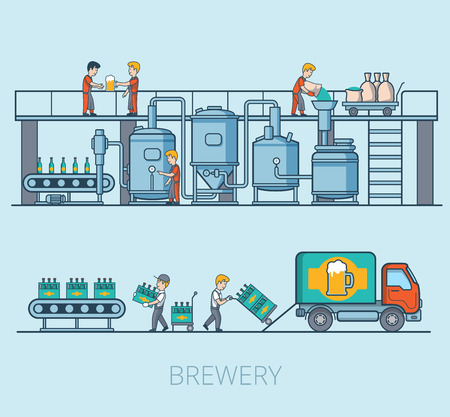 Linear Flat beer production line, hop loading, degustation, packing and delivery vector illustration set. Brewery business concept.のイラスト素材