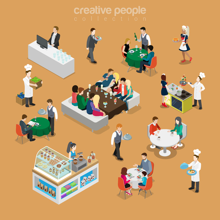 Isometric flat People in restaurant vector illustration set. Reservation, celebrating, cooking, deserts, variety of waiters and customers characters. Food and drink 3d isometry concept.のイラスト素材