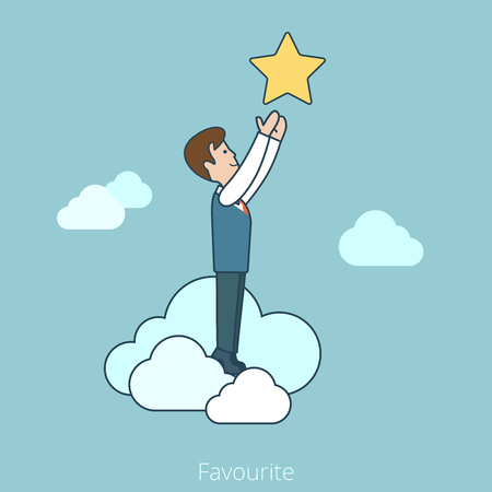 Linear Flat Businessman in clouds reaching hands to the star vector illustration. Favourite business concept.のイラスト素材