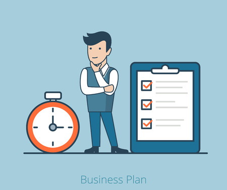 Linear Flat Businessman think on task list, huge checklist, stopwatch vector illustration. Business plan concept.のイラスト素材