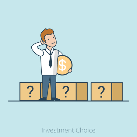 Linear Flat Businessman choosing right box vector illustration. Investment Choice business concept.のイラスト素材