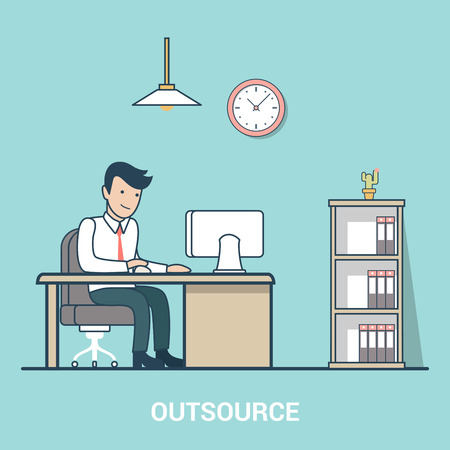 Linear Flat Outsourcing Businessman on working place vector illustration. Outsource your business concept.のイラスト素材