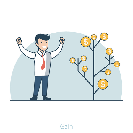 Linear Flat Happy manager near money tree vector illustration. Business Gain and Profit concept.のイラスト素材