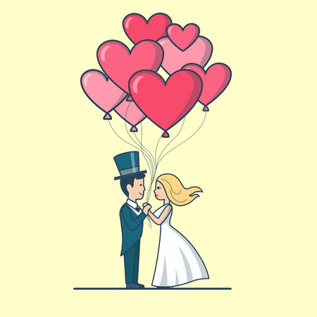 Linear Flat Couple dressed for wedding holding heart balloons vector illustration. Newly weds or Valentine's day design for greeting card. Love and Romance concept.のイラスト素材