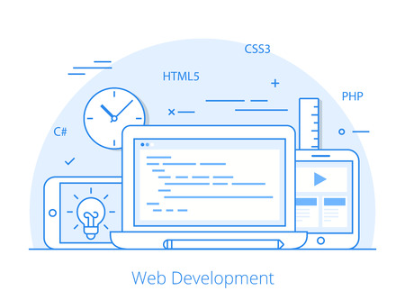 Lineart Flat responsive web development layout website hero image vector illustration. App programming technology and software concept. C#, PHP, HTML5, CSS3 technologies, laptop, tablet, smartphone.のイラスト素材