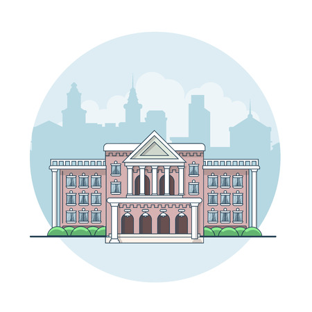 Linear Flat building facade entrance, city hall vector illustration. Classic town real estate architecture concept.のイラスト素材