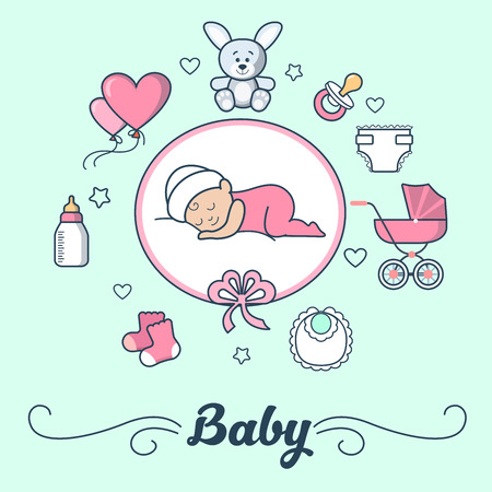 Linear Flat little Girl sleeping on cloud, First Year of Baby vector illustration. Template for Scrap booking hand made album or greeting card. Parenting and Newborn concept.のイラスト素材