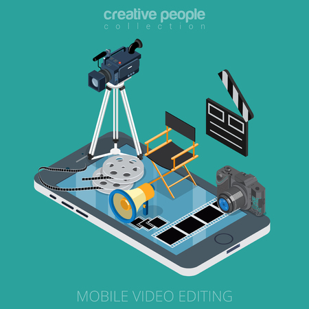 Flat isometric video content editing icons on smartphone vector illustration. 3d isometry motion media app concept. Camcorder, clapper, DSLR camera, film, director chair, filmstrip objects.のイラスト素材