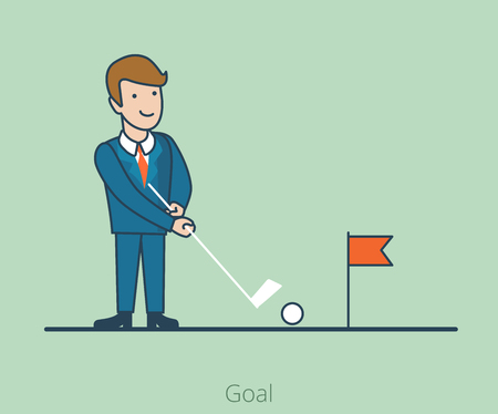 Linear Flat Businessman stroke to hole, golf field vector illustration. Goal achievement business concept.のイラスト素材