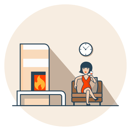 Linear Flat Woman in red dress drinking wine, sitting in living room near fireplace vector illustration. Casual life concept.のイラスト素材