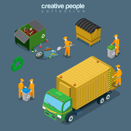 Flat isometric garbage man gathering rubbish into recycling containers and junk car vector illustration. City cleaning services, nature care 3d isometry concept.のイラスト素材