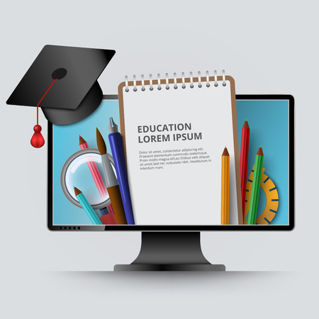 Computer screen with notepad, graduate cap, pencils vector illustration. Copyspace for text, images and logo. Online course, school, college education and knowledge concept.のイラスト素材