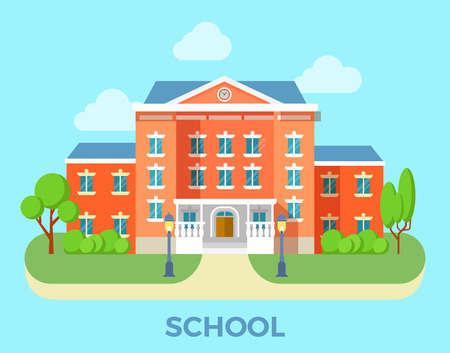 Linear Flat school building facade entrance vector illustration. Welcome back to education concept.のイラスト素材