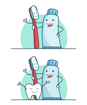 Linear Flat friendly hugs of tooth brush and toothpaste, smiley teeth vector illustration set. Dental health care concept.のイラスト素材