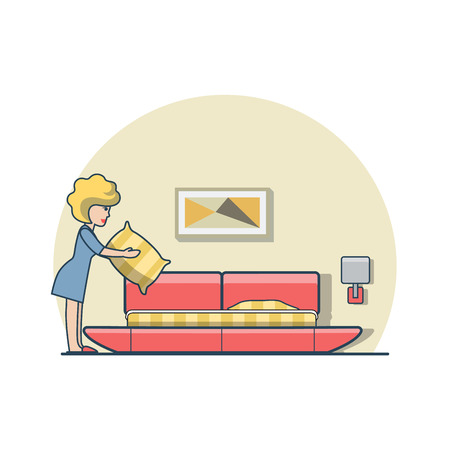 Linear Flat woman holding pillow and making bed in bedroom vector illustration. Casual life concept.のイラスト素材