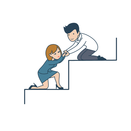 Linear Flat gentleman helping businesswoman to climb next stair vector illustration. Business teamwork concept.のイラスト素材