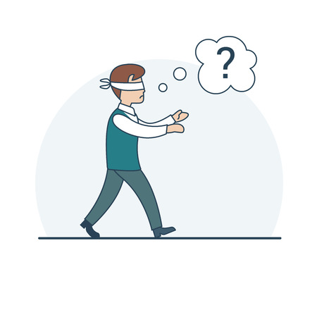 Linear Flat embarrassed strayed Businessman with handkerchief tied eyes searching right way, chat bubble with question mark vector illustration. Business illiteracy concept.のイラスト素材