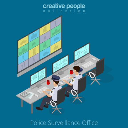 Flat isometric Policemen watching monitor vector illustration. 3d isometry online supervision concept.のイラスト素材