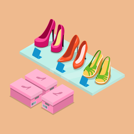 Flat isometric shoes boutique showcase shelf vector illustration. 3d isometry retail footwear store business concept. Female shoe pairs and package boxes.のイラスト素材