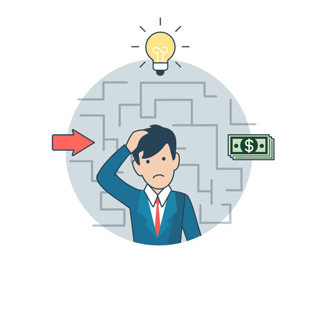 Linear Flat Investor thinking about deposit, lamp and money banknotes around vector illustration. Business Investments concept.のイラスト素材