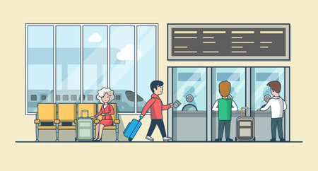 Linear Flat people on railway station waiting hall and cashier ticket desk office vector illustration. Public transportation concept.のイラスト素材