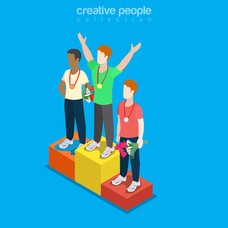 Flat isometric male winner athletes on pedestal with medals vector illustration. Sportsmen 3d isometry image. Summer international competition concept.のイラスト素材