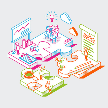 Isometric linear flat people team working, puzzle solution idea research vector illustration. Business Start up 3d isometry concept.のイラスト素材