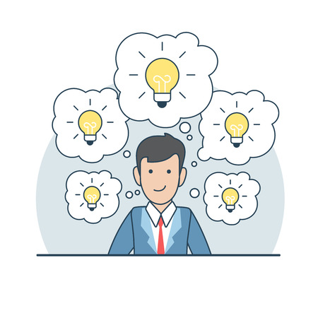 Linear Flat Businessman with plenty ideas, chat bubble lamps around man's head vector illustration. Business innovation concept.のイラスト素材