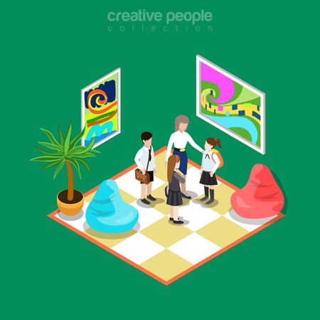 Isometric flat teacher and students in art gallery, museum lounge room interior vector illustration. Education and knowledge 3d isometry concept. Abstract paintings, soft puffs and plant.のイラスト素材