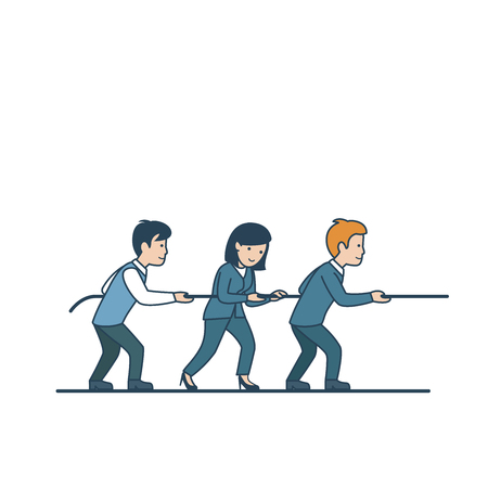 Linear Flat businesspeople pulling together rope vector illustration. Business teamwork and partnership concept.のイラスト素材