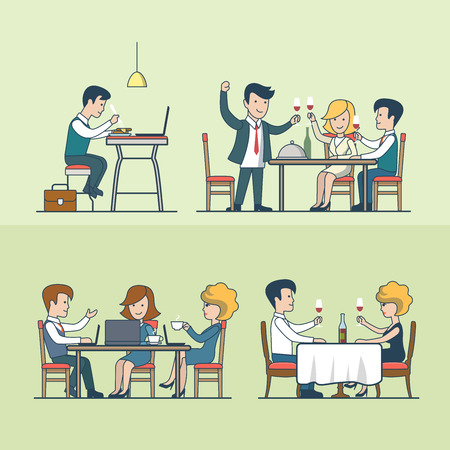 Linear Flat people in restaurant vector illustration set. Food and drink concept. Dinner, celebration, supper, lunch and businessmen, businesswomen.のイラスト素材