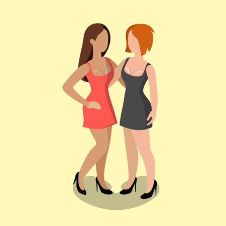 Flat isometric lesbian couple vector illustration. 3d isometry LGBT concept.のイラスト素材