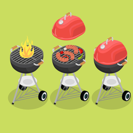 Flat isometric grill barbecue equipment vector illustration set. 3d isometry burning fire, sausage and vegetables baking, closed cover with temperature sensor.のイラスト素材