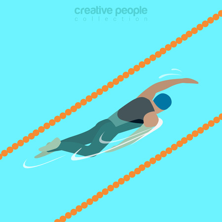 Flat isometric male swimmer on lane swimming crawl style vector illustration. Sportsman 3d isometry image. Summer international competition concept.のイラスト素材