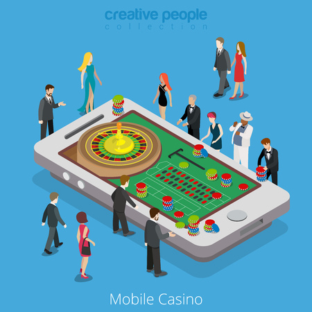 Flat isometric Wealthy people standing around huge smartphone with roulette wheel and chips on table vector illustration. Virtual MMOG Mobile Casino, online game3d isometry concept.のイラスト素材