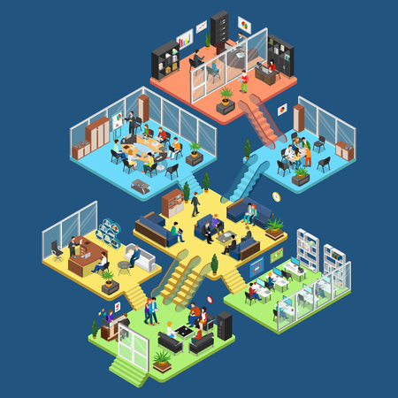 Flat isometric office center floors interior, company departments with staff vector illustration. 3d isometry Business Architecture concept. Director, accountant, manager, client, secretary characters Flat isometric office center floors interior, company departments with staff vector illustration. 3d isometry Business Architecture concept. Director, accountant, manager, client, secretary characters