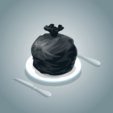 Flat isometric Black full bag on white ceramic plate and cutlery around vector illustration. 3d isometry pig in a poke,  concept.のイラスト素材