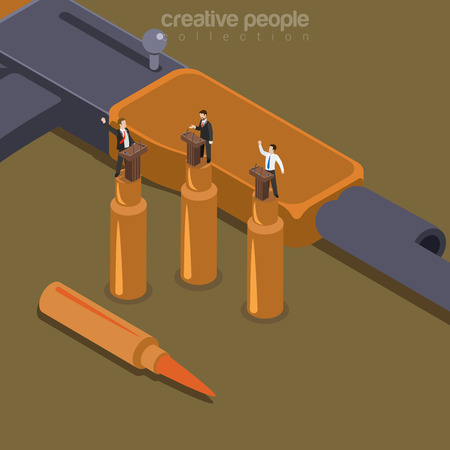 Flat isometric Politician standing on bullet shell, political debate on machine gun background vector illustration. 3d isometry Dirty Politics and War concept.のイラスト素材