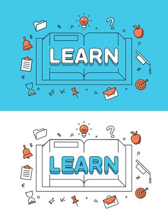 Linear Flat LEARN word over opened Book and icons website hero image vector illustration set. Tutorials and Education concept.のイラスト素材