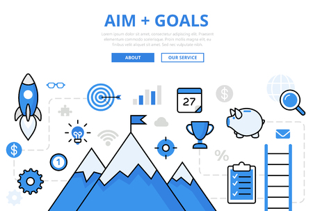 Linear flat AIM + GOALS infographics template and icons website hero image vector illustration. Business achievements concept.のイラスト素材