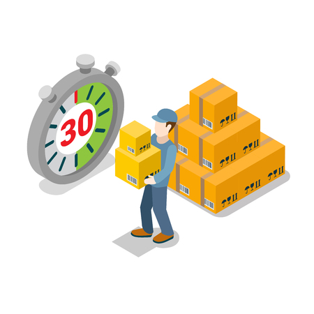 Flat isometric courier holding heavy cardboard boxes near huge stopwatch and cargo pyramid illustrationのイラスト素材