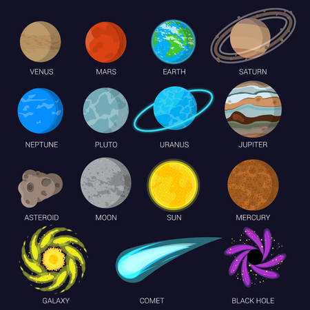 Flat Planets, Galaxy, Comet and Black hole on dark background infographics template illustration setのイラスト素材