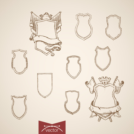 Engraving vintage hand drawn shield frame with sword and ribbon doodle collageのイラスト素材