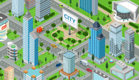 Flat isometric megalopolis blocks infographics with roads and crossroads illustration.のイラスト素材