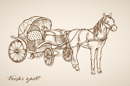 Engraving vintage hand drawn horse-drawn carriage doodle collage. Pencil Sketch transport illustration.のイラスト素材