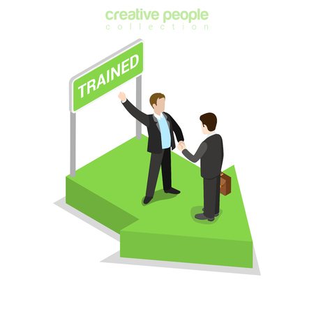 Flat isometric happy businesspeople handshake after training, green arrow pedestal signboard illustration.のイラスト素材