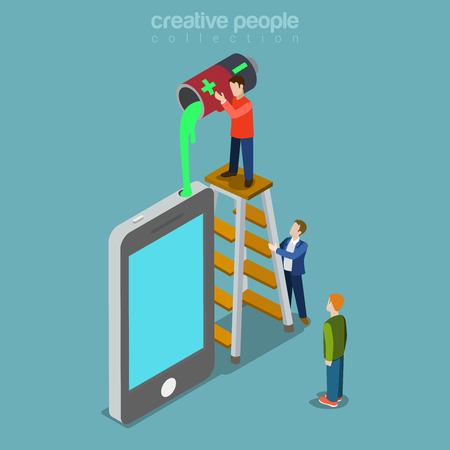Flat isometric micro people standing on ladder, filling green liquid from opened battery into smartphone port illustration.のイラスト素材
