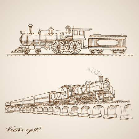 Engraving vintage hand drawn cargo train with carriage on concrete bridge doodle collage.のイラスト素材