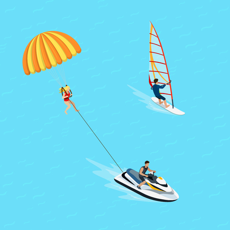 Flat isometric female windsurfer and parasailing sportsman illustration. 3d isometry Water extreme sports and activity concept.のイラスト素材