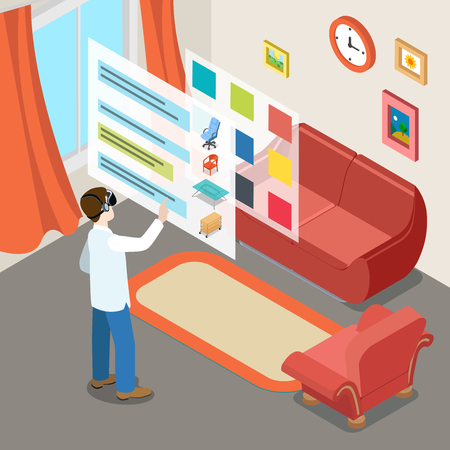 Flat isometric man standing in Reality VR glasses in living room, choosing furniture and color on virtual screen illustration. 3d isometry online interior design concept.のイラスト素材